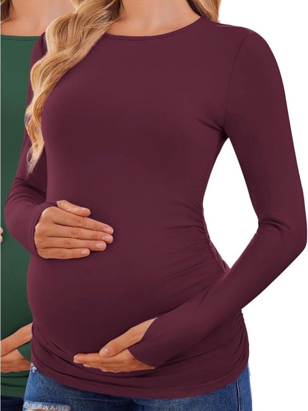 Women's Long Sleeve Maternity Crew Neck Top — Burgundy
